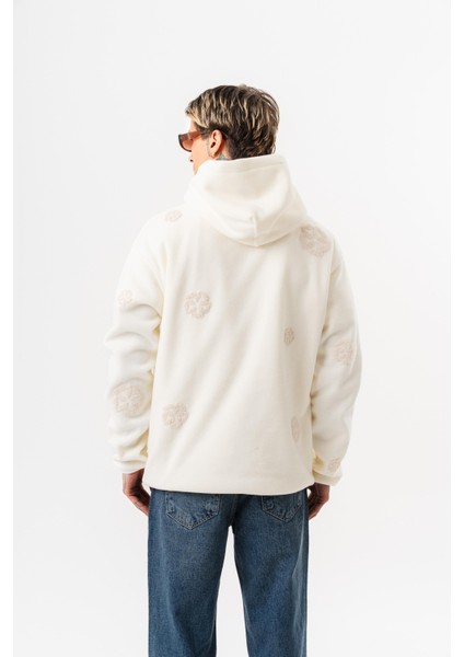 Erkek Süzene Nakış Detaylı Kapüşonlu Oversize Polar Hoodie Ekru modelleri