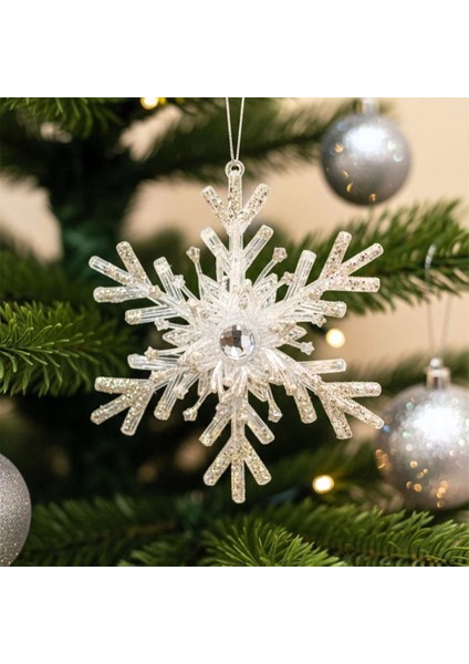 Gümüş Sim Detaylı 3D Şeffaf Kar Tanesi Asılabilir Dekoratif Süs 15 cm