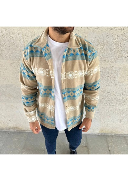 Erkek Desenli Polar Gömlek – Etnik Şerit Desen Yakalı, Uzun Kollu, Düğmeli, Oversize Rahat Kalıp - Sarı fiyatları