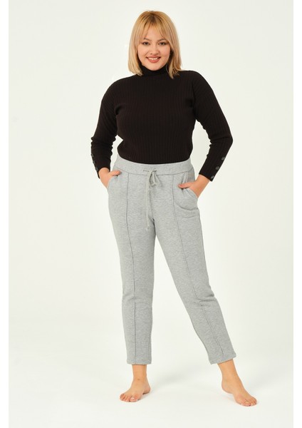 Hardal Rengi Üç Iplik Pileli Cepli Pamuklu Kadın Büyük Beden Eşofman Altı