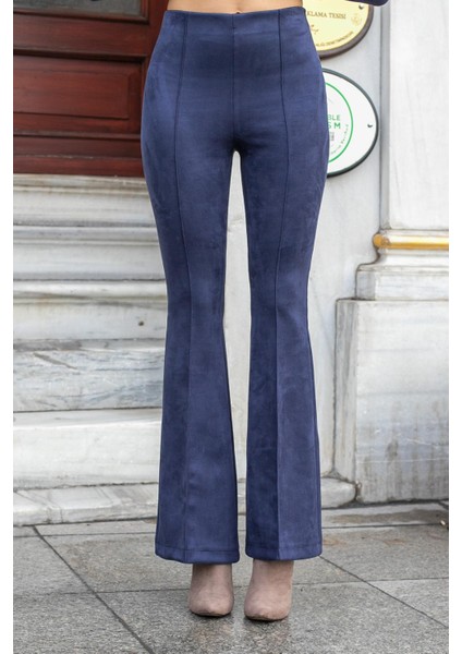 Süet Likralı Kumaş Yüksek Bel Ön Arka Dikişli Isanyol Paça Tayt Pantolon(Ceket Jument 30071)-LACIVERT modelleri