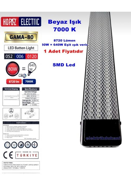 Horoz Gama 120CM 80W Prizma LED Bant Armatür Siyah 7000K Beyaz Işık