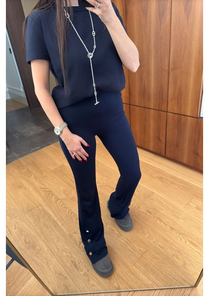 Paçadan Düğmeli Tayt- Lacivert fiyatları