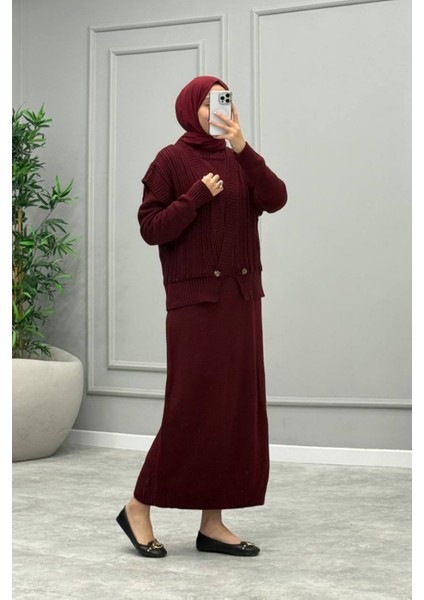 Kadın Düğme Detaylı Sıfır Kol Yelekli Tesettür Elbise