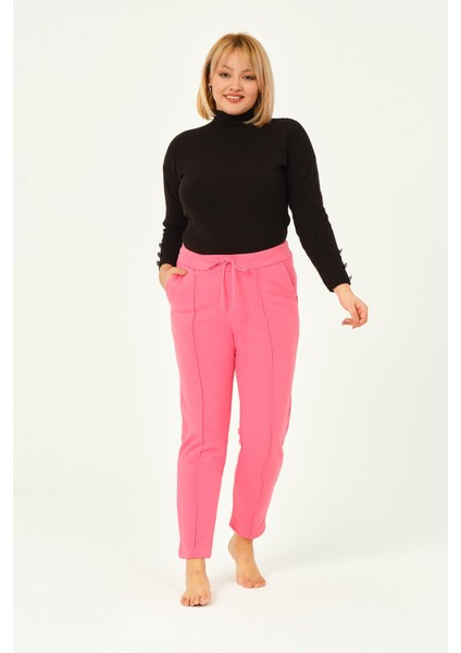 Hardal Rengi Üç Iplik Pileli Cepli Pamuklu Kadın Büyük Beden Eşofman Altı