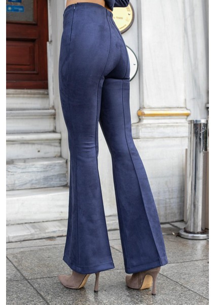 Süet Likralı Kumaş Yüksek Bel Ön Arka Dikişli Isanyol Paça Tayt Pantolon(Ceket Jument 30071)-LACIVERT indirimleri