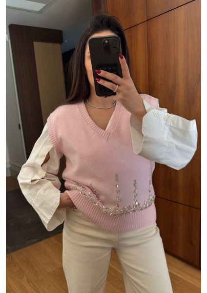 Taşlı V Yaka Orj Süveter- Pembe