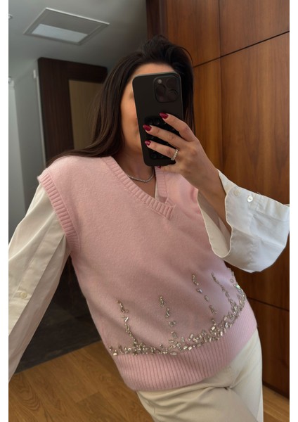 Taşlı V Yaka Orj Süveter- Pembe fiyatları