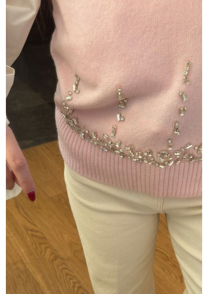 Taşlı V Yaka Orj Süveter- Pembe modelleri