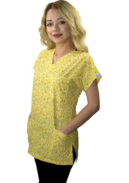 Sarı Papatya Desenli Likralı Doktor Hemşire Hastane Scrubs Üniforma Takım indirimleri