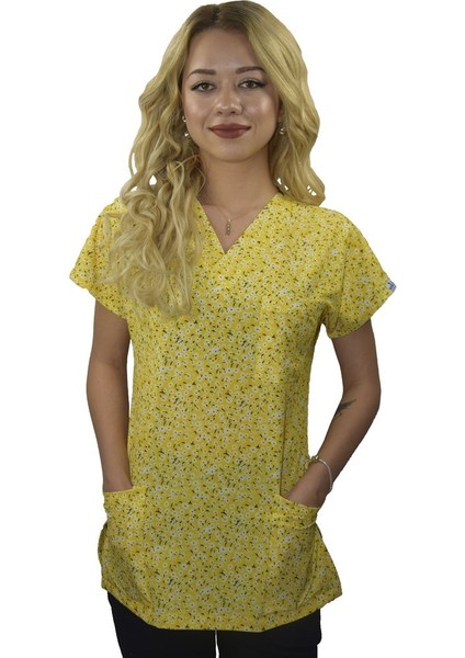 Sarı Papatya Desenli Likralı Doktor Hemşire Hastane Scrubs Üniforma Takım