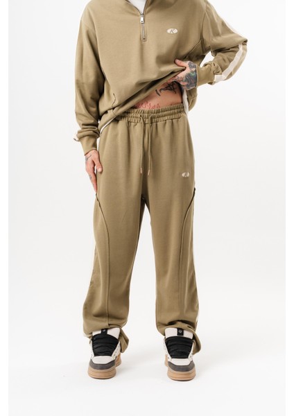 Erkek Pis Dikiş Detaylı Diagonel Baggy Eşofman Altı Haki