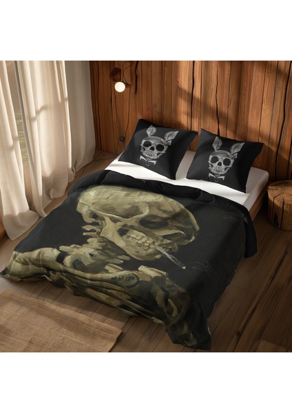 Skull Of A Skeleton With Burning Cigarette & Playboy Skull Nevresim Takımı 200 cm x 220 cm