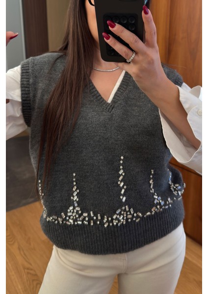 Taşlı V Yaka Orj Süveter- Antrasit