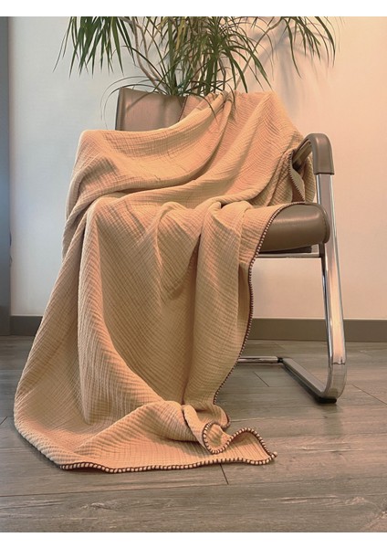 Joy Pamuk 4 Kat Müslin Throw Tv Battaniyesi & Koltuk Şalı Gold Bej