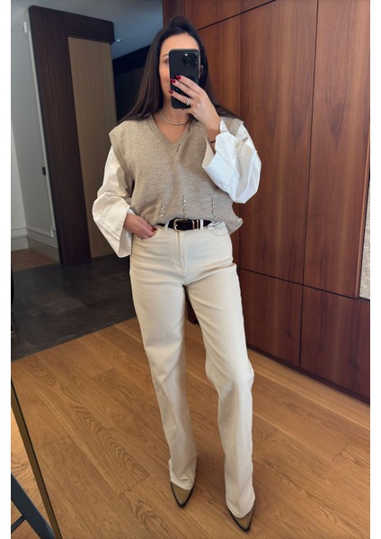 Kemerli Yeni Sezon Gabardin Jean- Ekru fiyatları
