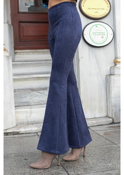 Süet Likralı Kumaş Yüksek Bel Ön Arka Dikişli Isanyol Paça Tayt Pantolon(Ceket Jument 30071)-LACIVERT
