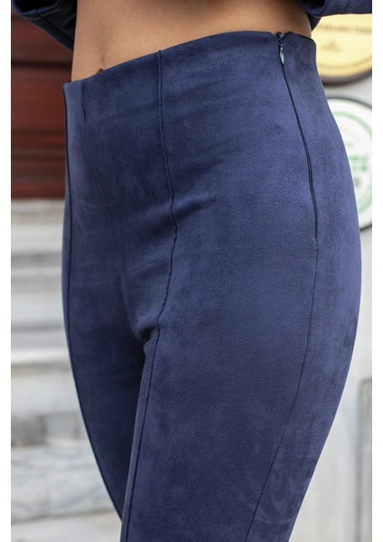 Süet Likralı Kumaş Yüksek Bel Ön Arka Dikişli Isanyol Paça Tayt Pantolon(Ceket Jument 30071)-LACIVERT