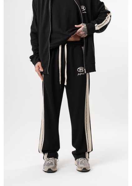 Erkek Ffb Şerit Detaylı Kışlık Doubleface Baggy Eşofman Altı Siyah