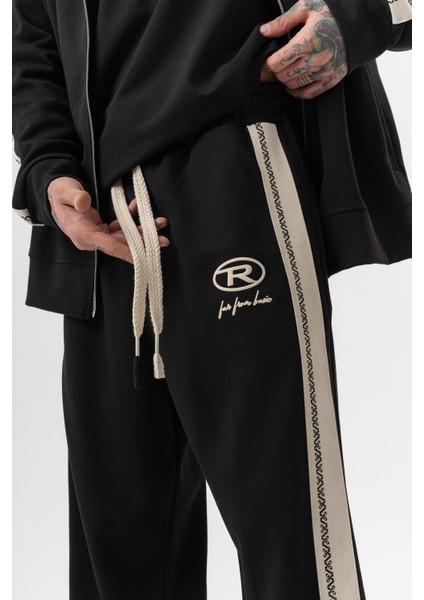 Erkek Ffb Şerit Detaylı Kışlık Doubleface Baggy Eşofman Altı Siyah