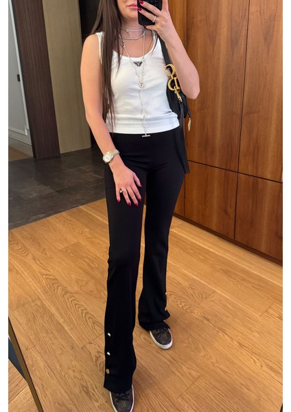 Paçadan Düğmeli Tayt- Siyah