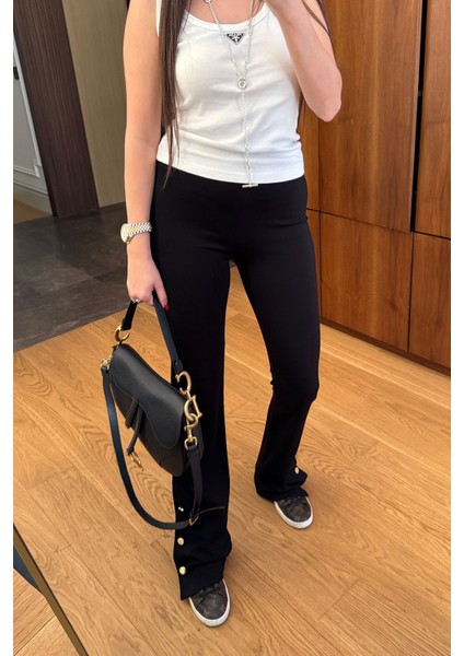 Paçadan Düğmeli Tayt- Siyah modelleri