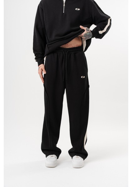 Erkek Pis Dikiş Detaylı Diagonel Baggy Eşofman Altı Siyah