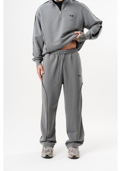 Erkek Pis Dikiş Detaylı Diagonel Baggy Eşofman Altı Gri