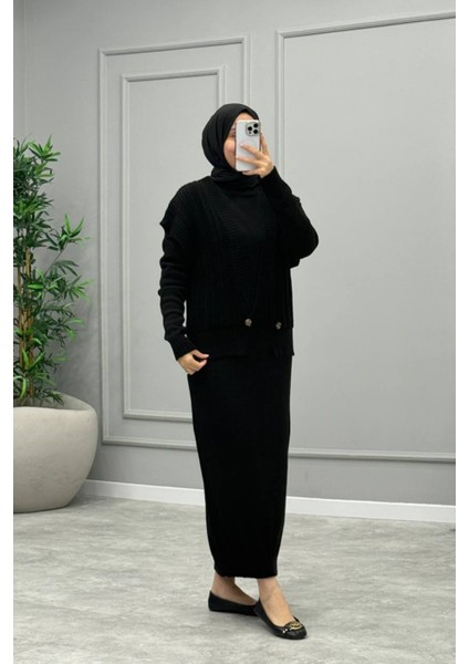 Kadın Düğme Detaylı Sıfır Kol Yelekli Tesettür Elbise