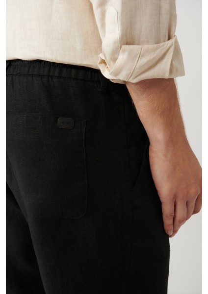 Erkek Siyah Beli Lastikli %100 Keten Relaxed Fit Pantolon B003032
