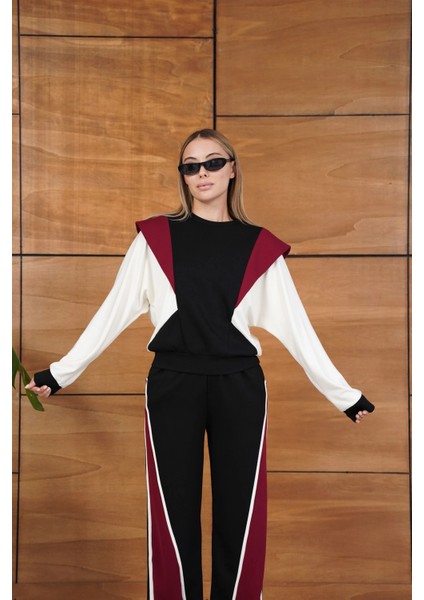 Renk Bloklu Bordo Siyah Beyaz Spor Takımı indirimleri