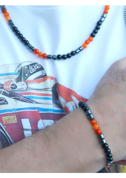 Doğal Taş Erkek Akik Oniks Hematit Doğal Taş Kolye Bileklik Set EUS1AHO