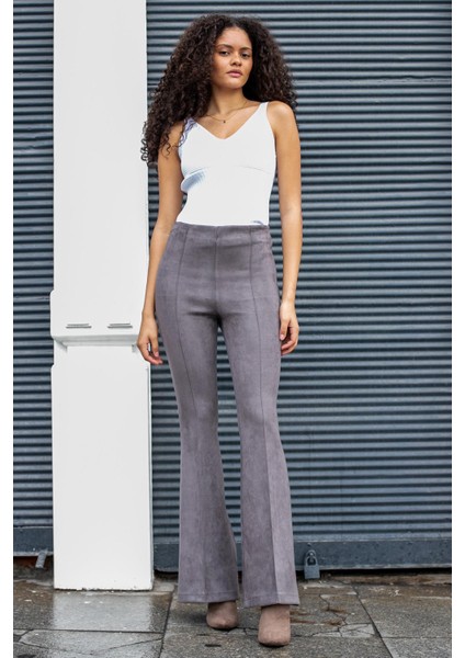 Süet Likralı Kumaş Yüksek Bel Ön Arka Dikişli Isanyol Paça Tayt Pantolon(Ceket Jument 30071)-GRI