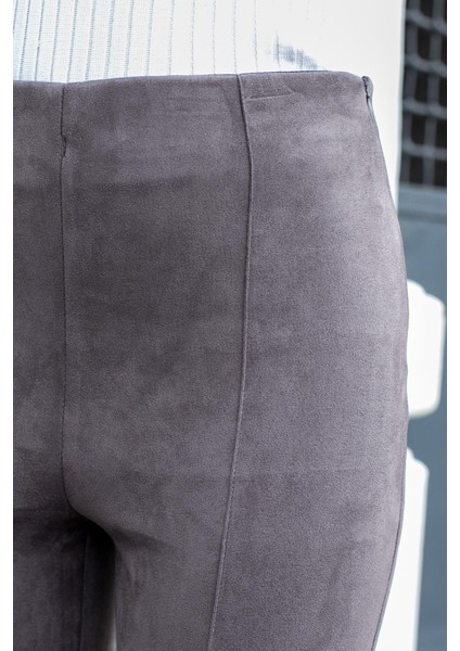 Süet Likralı Kumaş Yüksek Bel Ön Arka Dikişli Isanyol Paça Tayt Pantolon(Ceket Jument 30071)-GRI