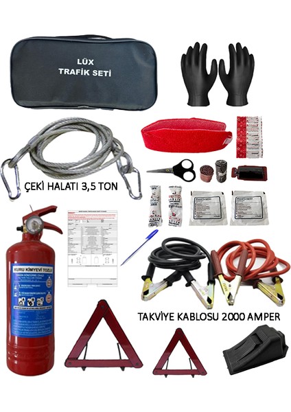 5 Parça Trafik Seti+Çeki Halatı+Takviye Kablosu+Kaza Tutanağı+Eldiven