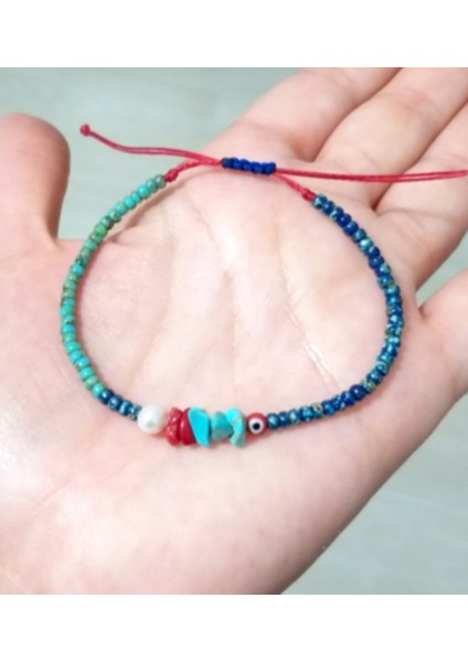 Gerçek Inci Mercan Turkuaz Doğaltaşlı Nazar ve Miyuki Round Boncuklu Bileklik