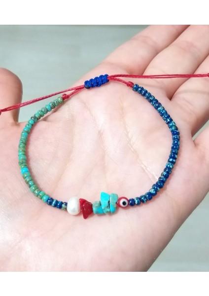 Gerçek Inci Mercan Turkuaz Doğaltaşlı Nazar ve Miyuki Round Boncuklu Bileklik