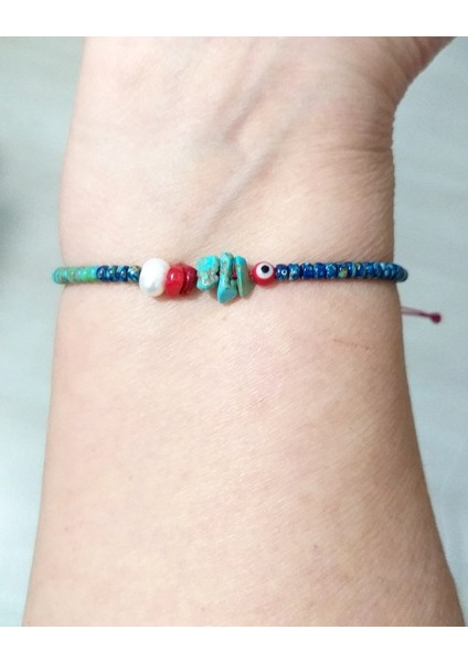 Gerçek Inci Mercan Turkuaz Doğaltaşlı Nazar ve Miyuki Round Boncuklu Bileklik