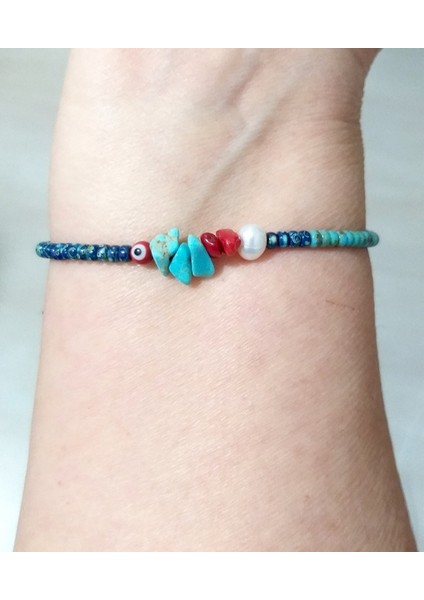 Gerçek Inci Mercan Turkuaz Doğaltaşlı Nazar ve Miyuki Round Boncuklu Bileklik