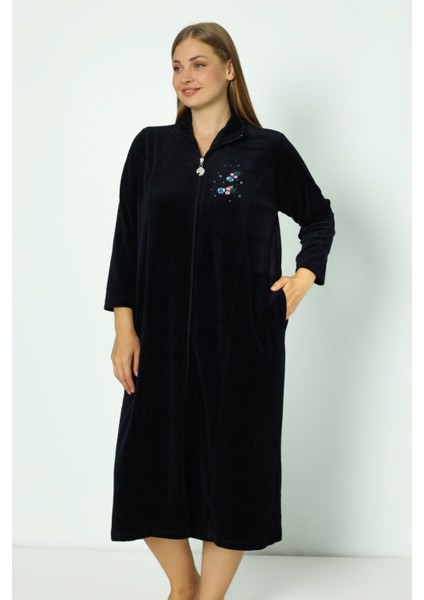 Lacivert Boydan Fermuarlı Pamuklu Kadife Truvakar Kollu Kadife Elbise fiyatları