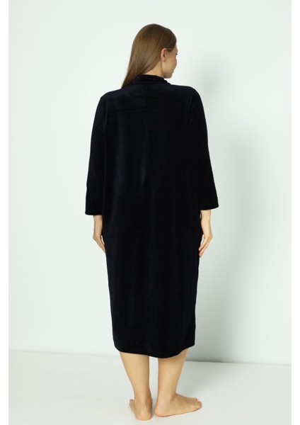 Lacivert Boydan Fermuarlı Pamuklu Kadife Truvakar Kollu Kadife Elbise fırsatları