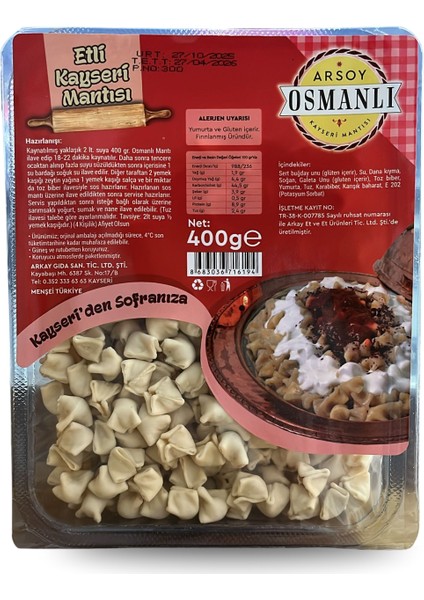 Kayseri Mantısı Etli 400 gr Vakumlu