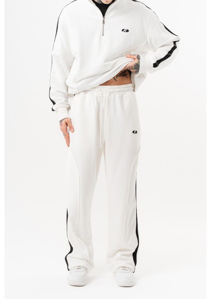 Erkek Pis Dikiş Detaylı Diagonel Baggy Eşofman Altı Ekru