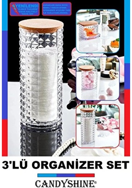 Ahşap Kapaklı 3'lü Organizer Set Modern Tasarım Pamukluk Banyo Düzenleyici