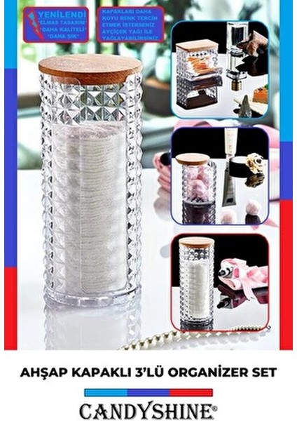 Ahşap Kapaklı 3'lü Organizer Set Modern Tasarım Pamukluk Banyo Düzenleyici