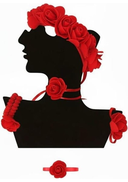 Gül Temalı Takı Seti: Kırmızı Güllü Kolye, Bileklik ve Taç Aksesuar Seti