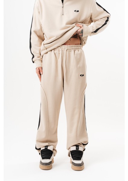 Erkek Pis Dikiş Detaylı Diagonel Baggy Eşofman Altı Bej