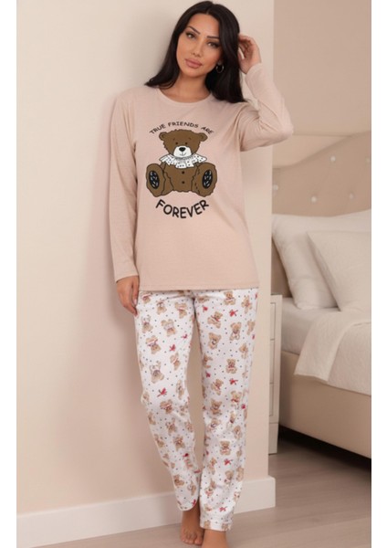 Kadın Ayıcık Baskılı Altı Desenli Interlok Bisiklet Yaka Uzun Kol Altı Uzun Pijama Takımı