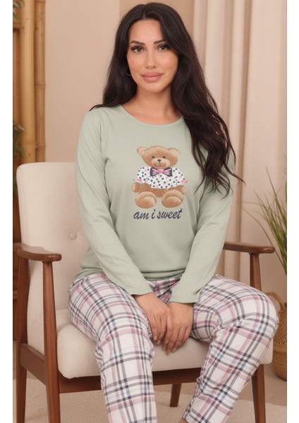Kadın Ayıcık Baskılı Altı Ekose Desenli Interlok Bisiklet Yaka Uzun Kol Altı Uzun Pijama Takımı