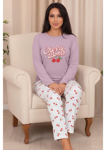 Kadın Cherry Bomb Sloganlı Altı Vişne Desenli Bisiklet Yaka Uzun Kol Altı Uzun Penye Pijama Takımı